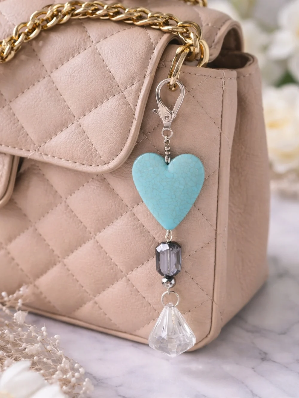 Handmade Turquoise Heart Crystal Keychain Aesthetic Cute Bag Charm Gift